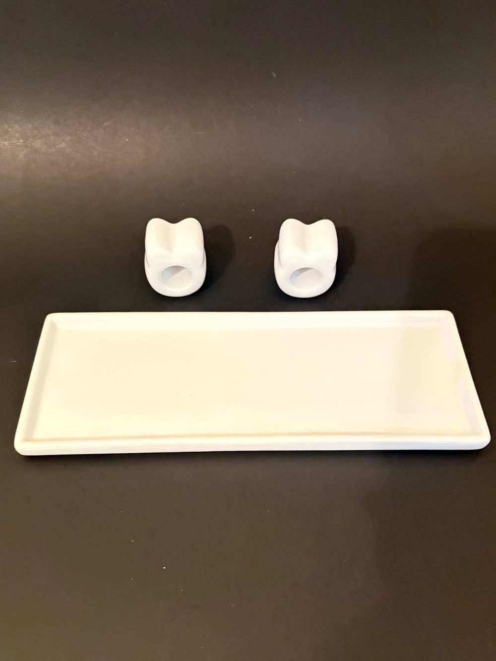 Solid White Ceramic Cat Toothbrush Holders and Tray